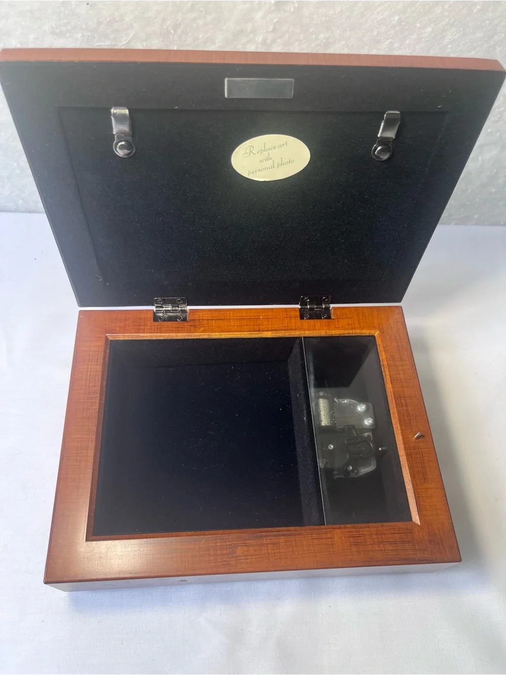 Sankyo Walnut Finish Music Jewelry Box Picture Frame Plays Happy Birthday Song